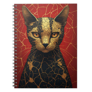 Caderno Espiral Rosto de Gato Místico Com Linhas de Fratura Dourad