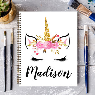 Caderno Espiral Rosto de Unicórnio Com Cílios Nome Personalizado