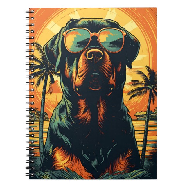Caderno Espiral Rottweiler com óculos de sol na praia (Frente)