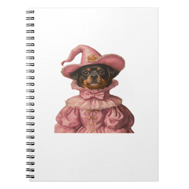Caderno Espiral Rottweiler Puppy Vestido como uma Bruxa Rosa - Ha  (Frente)