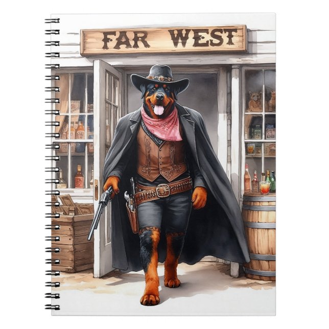 Caderno Espiral Rottweiler Xerife em Longe West Saloon Watercolor (Frente)