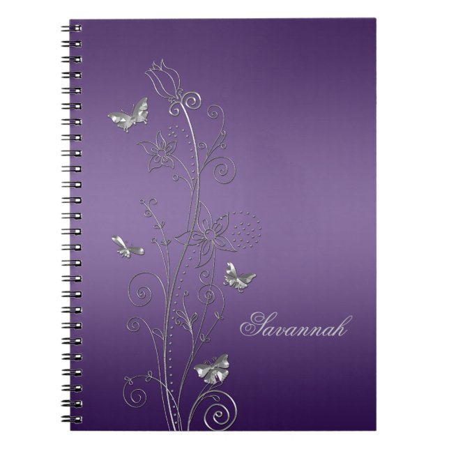 Caderno Espiral Roxo com notebooks prateados com borboletas Florai (Frente)