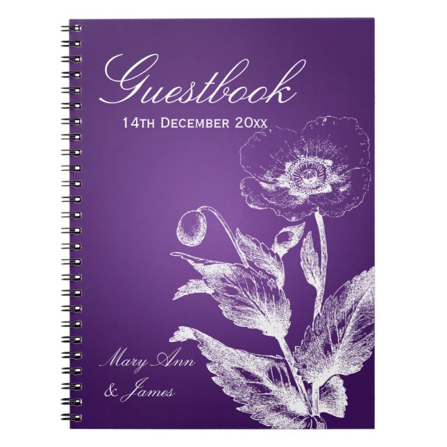 Caderno Espiral Roxo da papoila do Guestbook do casamento (Frente)