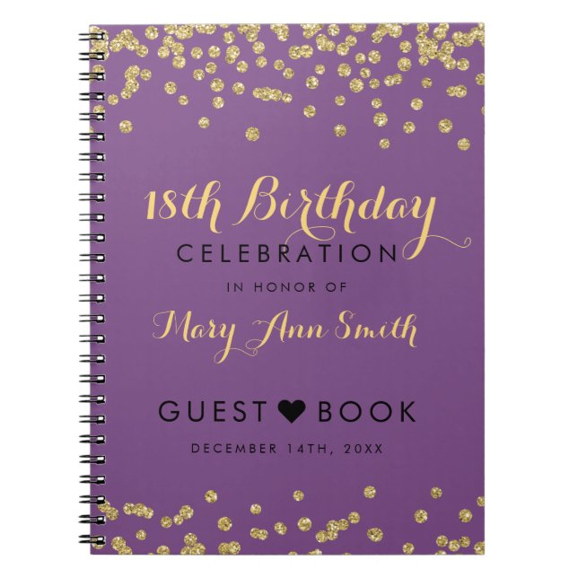 Caderno Espiral Roxo Dourado dos confetes do 18o aniversário do (Frente)