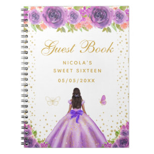 Caderno Espiral Roxo Floral Princesa de Pele Morena Sweet Sixteen