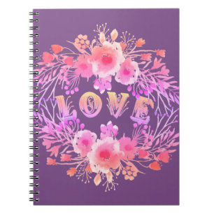 Caderno Espiral Roxo nas Flores de Aquarela