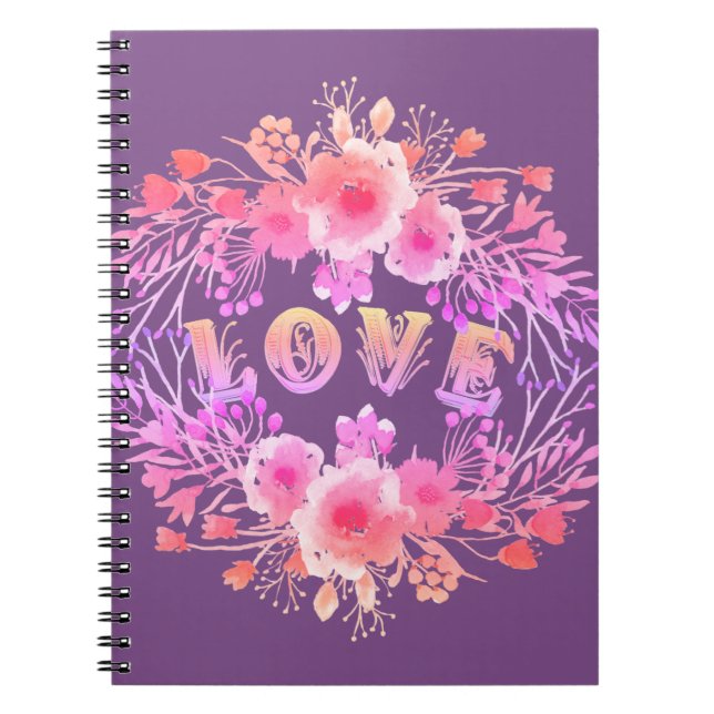 Caderno Espiral Roxo nas Flores de Aquarela (Frente)