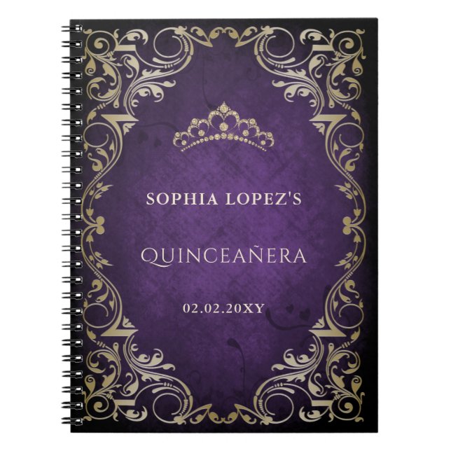 Caderno Espiral Roxo Roxo Dourada Princesa Tiara Quinceanera (Frente)