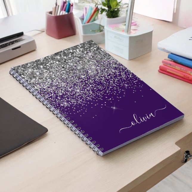 Caderno Espiral Roxo Silver Glitter Girly Monographic Nome (Criador carregado)