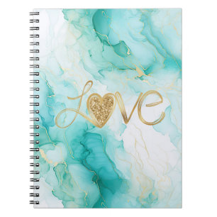 Caderno Espiral Roxo Verde Dourado Mármore Branco Brilho Coração d