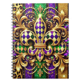 CADERNO ESPIRAL ROXO VERDE OURO MARDI GRAS FLEUR DE LIS