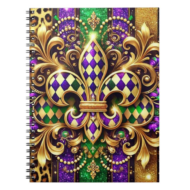 CADERNO ESPIRAL ROXO VERDE OURO MARDI GRAS FLEUR DE LIS (Frente)