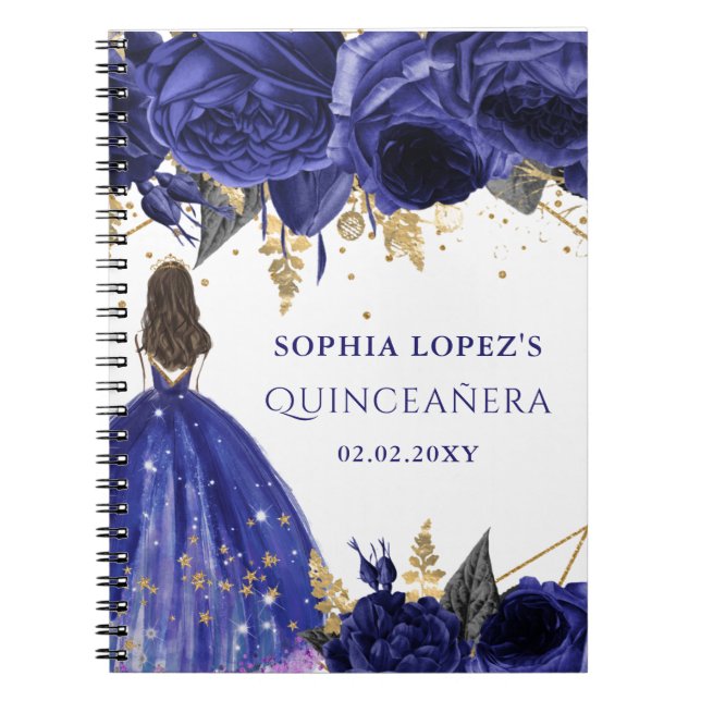 Caderno Espiral Royal Blue Dourado Princesa Floral Quinceanera (Frente)
