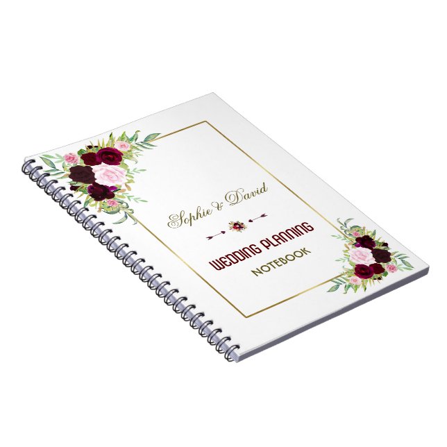 Caderno Espiral Royal Burgundy Marsala Planner Floral de Casamento (Lado Direito)