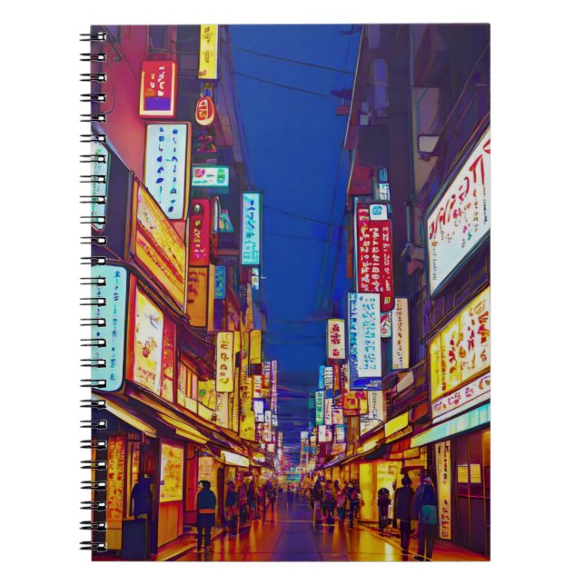Caderno Espiral Rua Da Cidade Do Japão À Noite (Frente)