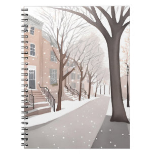 Caderno Espiral Rua de Brownstone   Aquarela de Inverno Nevado