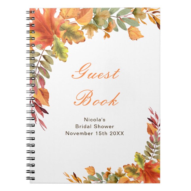 Caderno Espiral Rustic Autumn Fall Leaves Bridal Shower Guest Book (Frente)