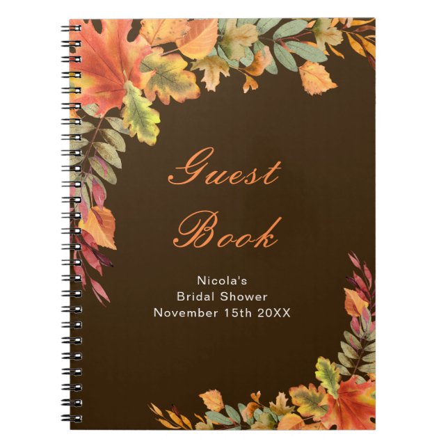Caderno Espiral Rustic Autumn Fall Leaves Bridal Shower Guest Book (Frente)