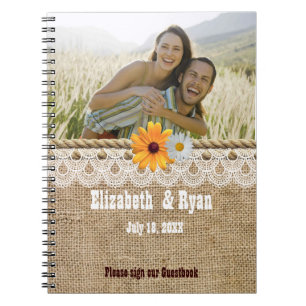 Caderno Espiral Rustic Burlap, Lace and Rope, Convidado de Casamen