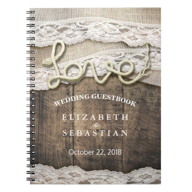 Caderno Espiral Rustic Country Wood Love Rope Casamento Guestbook (Frente)