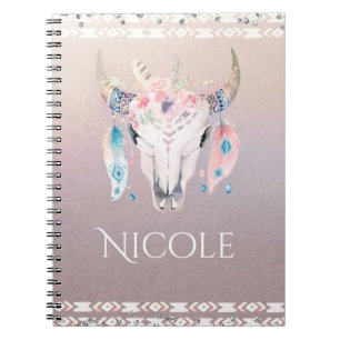 Caderno Espiral Rustic Glam Boho Floral Cow Skull Iridescente