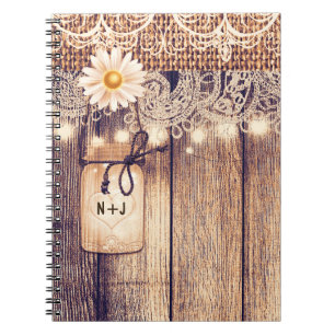 Caderno Espiral Rustic Lighted Mason Jars Daisies & Lace