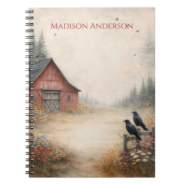 Caderno Espiral Rustic Red Barn, Crows, Farm Scene | (Frente)