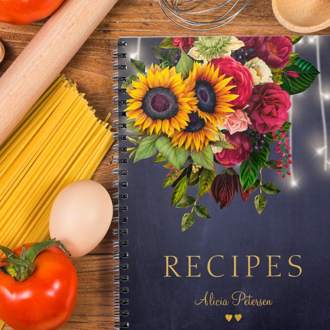Caderno Espiral Rustic sunflower and roses navy kitchen recipes (Criador carregado)