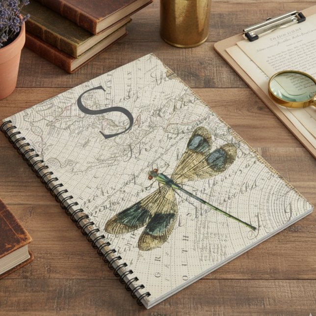 Caderno Espiral Rustic Vintage Dragonfly Monograma (Criador carregado)