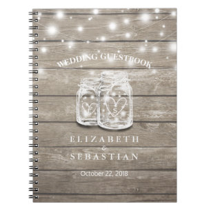 Caderno Espiral Rustic Wood and Mason Jar Lights Weding Guestbook