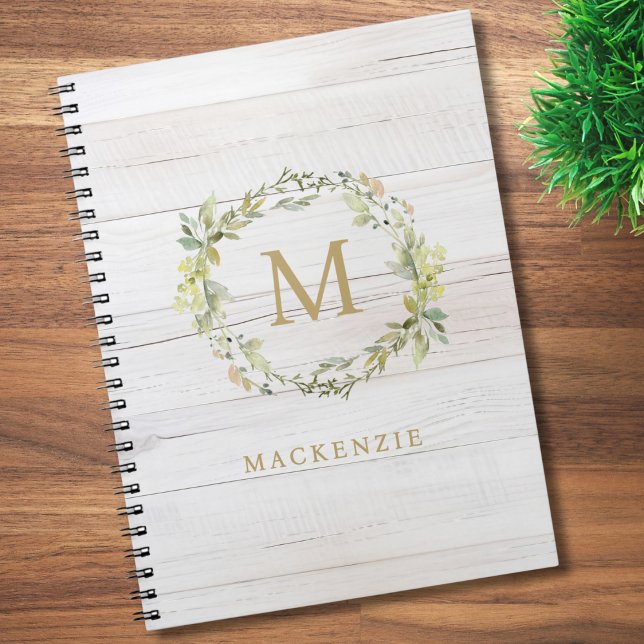 Caderno Espiral Rustic Wood Floral Watercolor Monogram (Criador carregado)