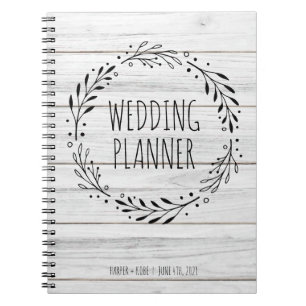 Caderno Espiral Rústico Casamento Planner Madeira e Wreath