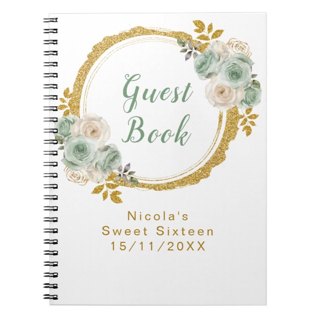 Caderno Espiral Sage Green and Gold Elegant Flowers Sweet Sixteen (Frente)