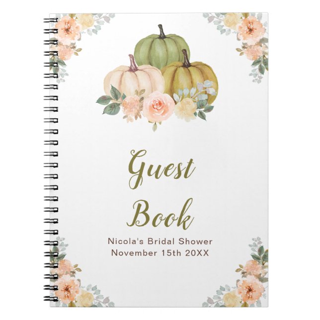 Caderno Espiral Sage Green and Peach Floral Pumpkins Bridal Shower (Frente)
