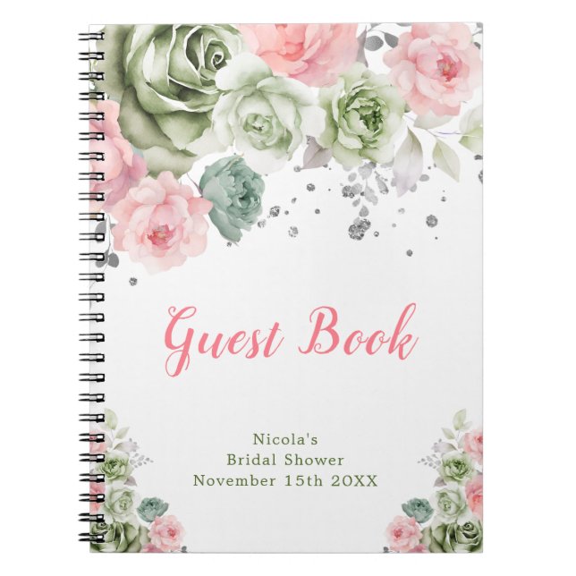 Caderno Espiral Sage Green and Pink Floral Bridal Guest Book (Frente)