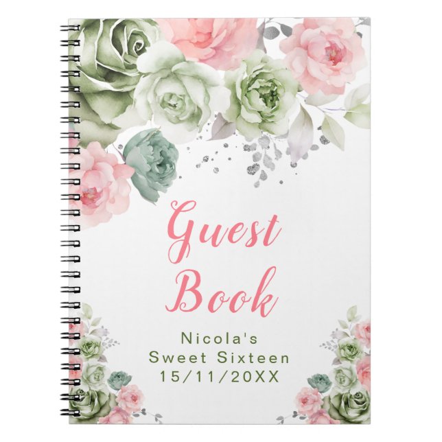 Caderno Espiral Sage Green and Pink Floral Sweet Sixteen (Frente)