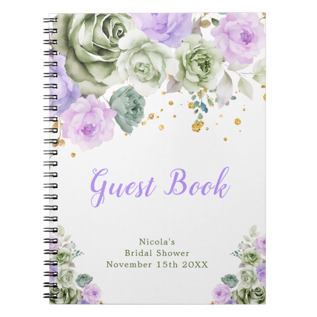 Caderno Espiral Sage Green and Purple Floral Bridal Shower Guest  (Frente)