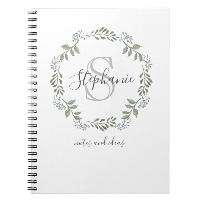 Caderno Espiral Sage Greenery Botânica Wreath Monograma (Frente)