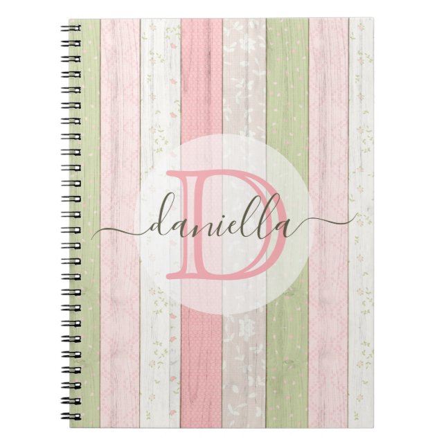 Caderno Espiral Sage Russo Verde e Madeira Floral Rosa Personaliza (Frente)