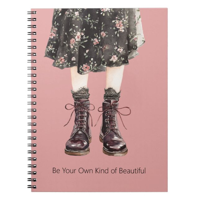Caderno Espiral Saia de Botas com Flores Preto e Rosa (Frente)