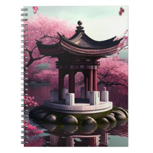 Caderno Espiral Sakura Cherry Blossom Garden Shrine Pond Japonês