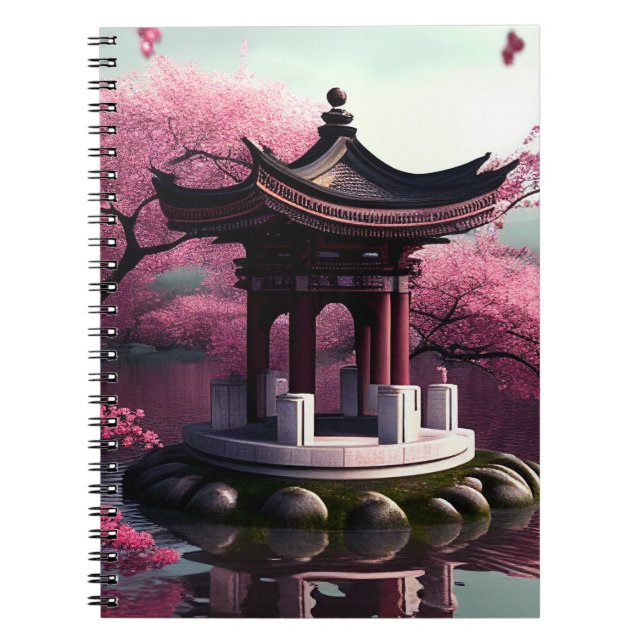Caderno Espiral Sakura Cherry Blossom Garden Shrine Pond Japonês (Frente)