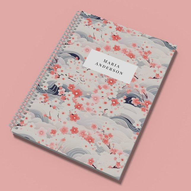 Caderno Espiral Sakura Floral Wavy Lines Monograma (Criador carregado)