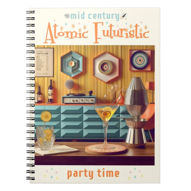 Caderno Espiral Sala de Festa Retro Futurista Meados do Século (Frente)