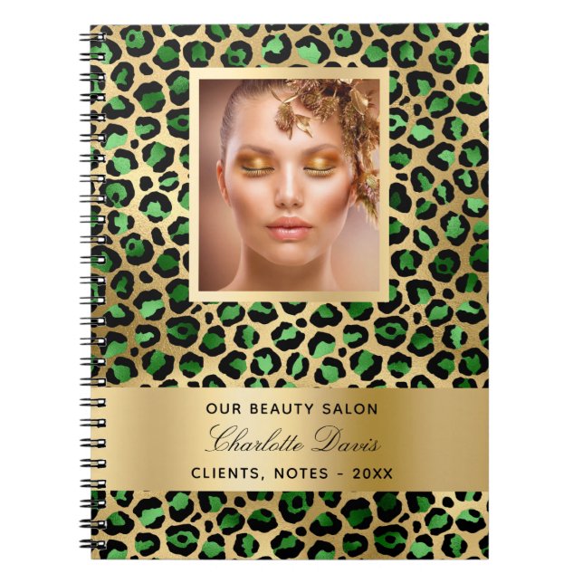 Caderno Espiral Salão de beleza esmeralda verde dourado leopardo e (Frente)