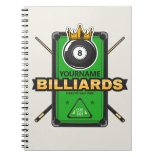 Caderno Espiral Salão de Sinuca Personalizado NOME Bola 8 Coroa Bi