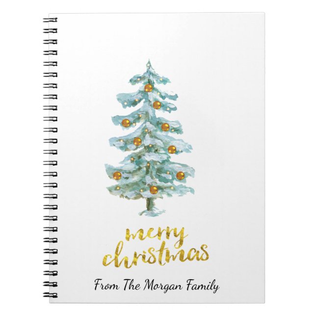 Caderno Espiral Salas de Natal Douradas na árvore de pinheiro (Frente)