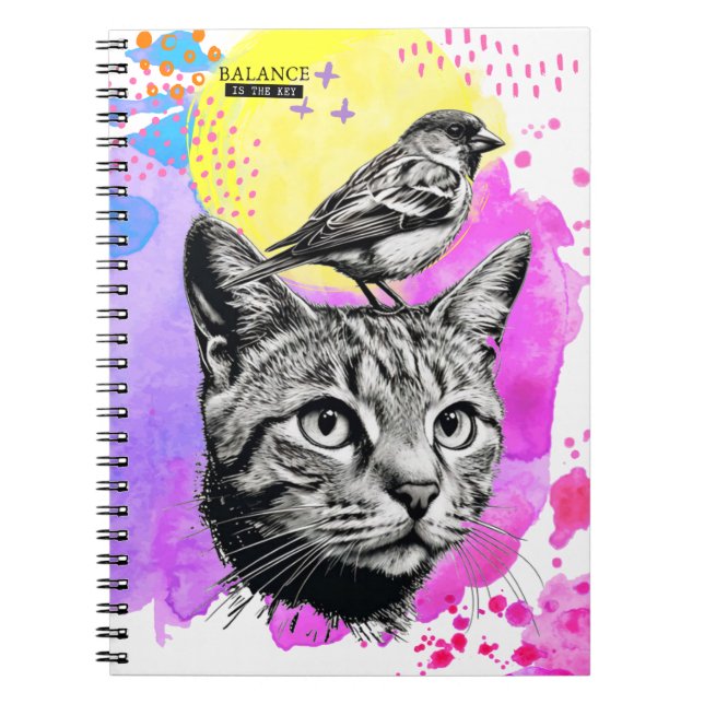 Caderno Espiral Saldo é a chave - Cat + Bird | Diário para noteboo (Frente)