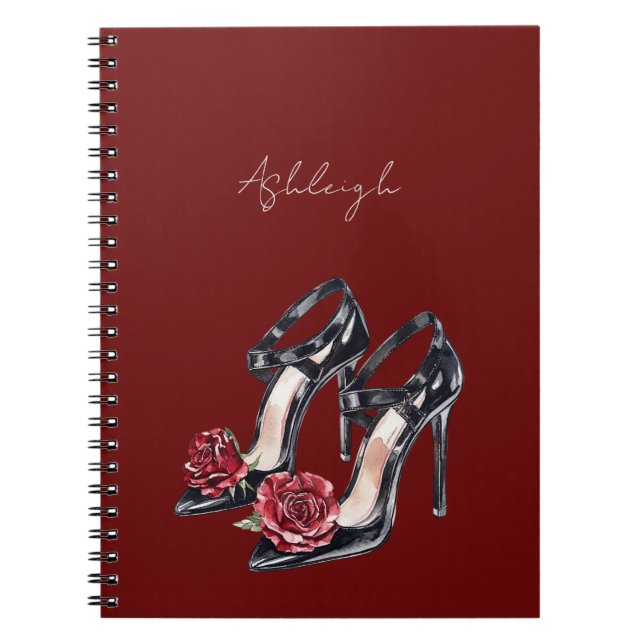 Caderno Espiral Saltos Altos Rosa Floral Preto Vermelho (Frente)