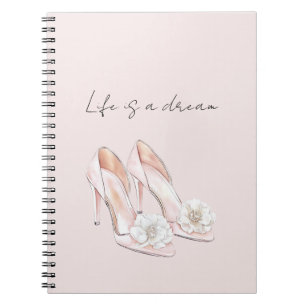 Caderno Espiral Saltos Rosa Bege Bonito Branco com Flores Brancas